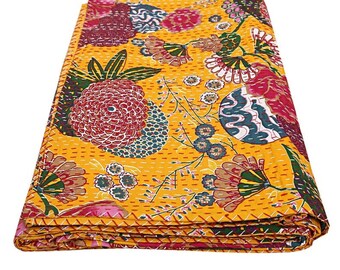 Fruit Print Kantha Quilt Handmade Indian Bedspread Throw Blanket Pure Cotton Kantha Literie couette, couvre-lit jeter literie couette