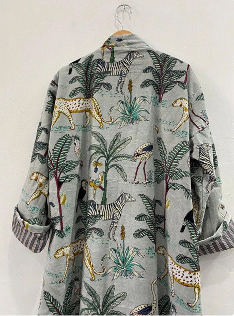 Abiti kimono in velluto con stampa giungla verde, cappotto in velluto per il tè del mattino, abito da damigella d'onore, abito da donna in velluto di cotone, giacca di velluto, abito da sposa immagine 6