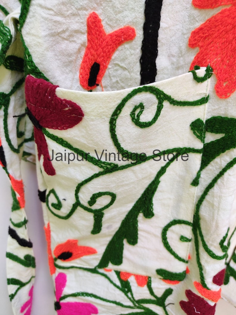 Suzani Hand Embroidered Coat, Short Jacket Women Wear Winter Boho Uzbek Kashmir Crewel Christmas Special Gift, Indian Handmade Emboridery image 4