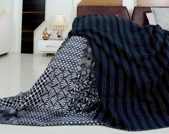 EXPRESS DELIVERY - Schwarzes Patchwork Design Indische Kantha Quilt Bettwäsche Decke 100% Baumwolle Tagesdecke Quilt Queen Size