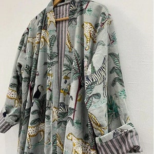 Green Jungle Print Velvet Kimono Robes, Morning Tea Velvet Coat, Bridesmaid Robe, Women Wear Cotton Velvet robe, Velvet Jacket, Bridal Robe Gray