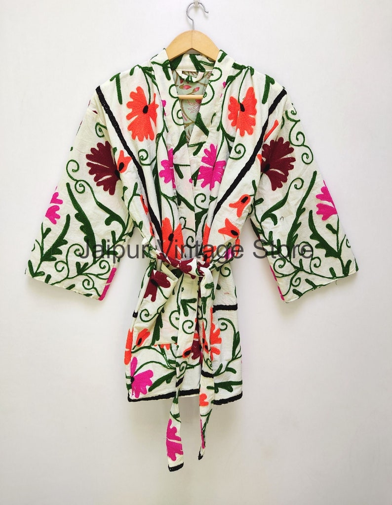 Suzani Hand Embroidered Coat, Short Jacket Women Wear Winter Boho Uzbek Kashmir Crewel Christmas Special Gift, Indian Handmade Emboridery image 1