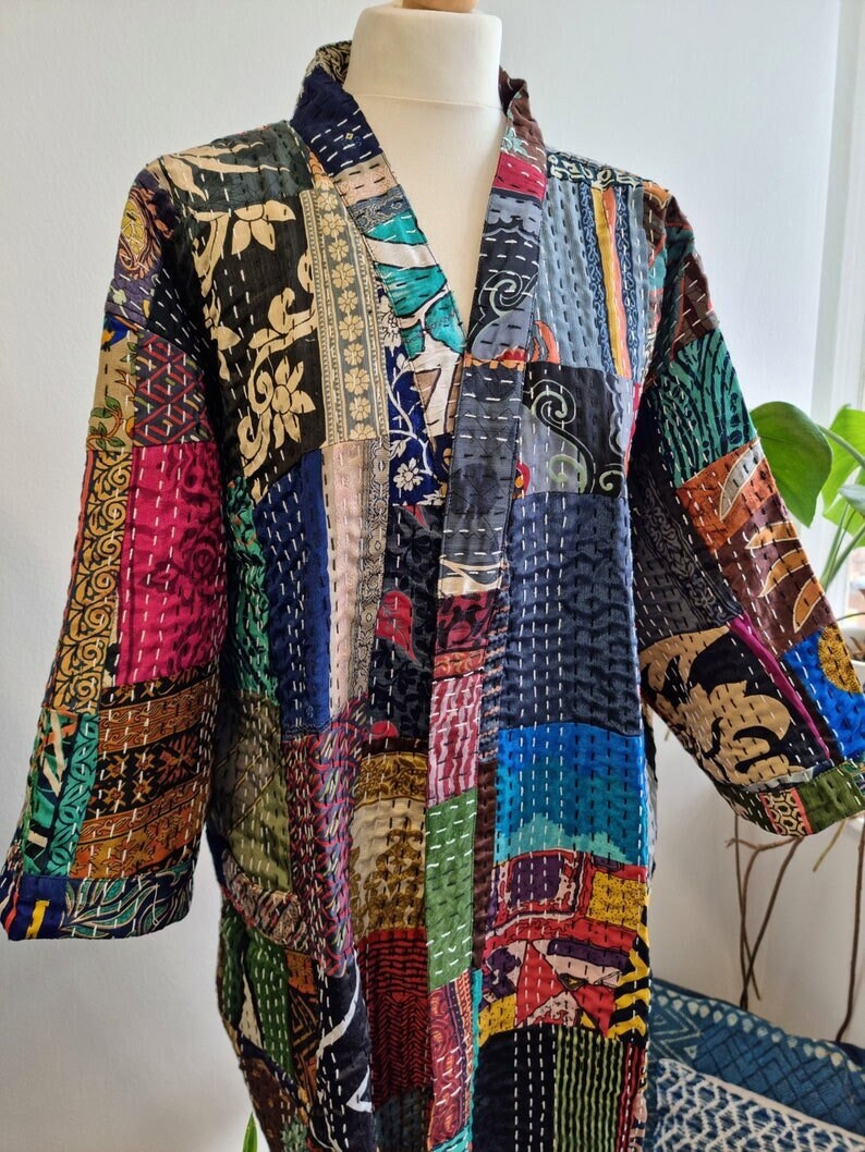 EXPRESS DELIVERY Silk Patchwork Kantha Quilted Jacket Long Coat Indian ...