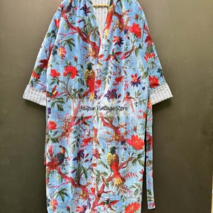 Túnicas de kimono de terciopelo con estampado de selva verde, abrigo de terciopelo de té de la mañana, bata de dama de honor, las mujeres usan bata de terciopelo de algodón, chaqueta de terciopelo, bata de novia Blue Bird