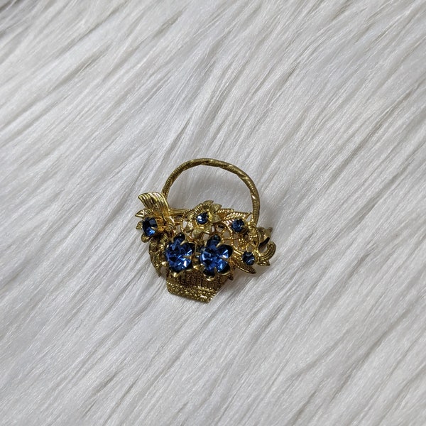 basket of flowers shape brooch, gold and blue floral brooch, basket with flowers brooch