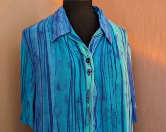 Blusa vintage de viscosa con botones – Rayas azules estilo pintura, talla 12 del Reino Unido