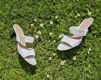 Vintage Dorndorf White Leather Mule Heels UK 3 | Y2K Minimalist Slip On Sandals | German Leather Mules | Kitten Heel | Summer Wedding Shoes