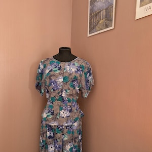 Vintage 80s Floral Two-Piece Set - Peplum Blouse and Midi Skirt - C&A - UK 12/14