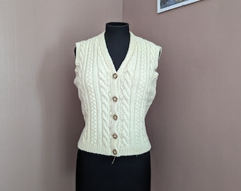 cream cable hand knit vest, size S, button down knit vest, 1970&#39;s cream knit top