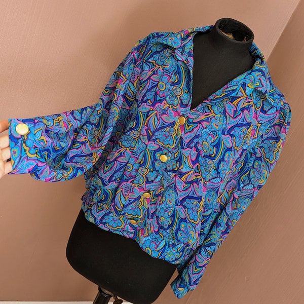 blue and purple 1980's blouse, size UK 18, floral blouse, Hardob brand