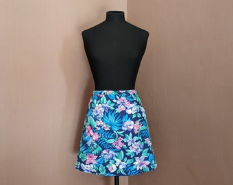 vintage blue floral mini skirt, size UK 10, handmade floral skirt, a line