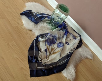 navy and white floral scarf, 'roma' scarf, shiny floral scarf, white and blue shiny satin scarf