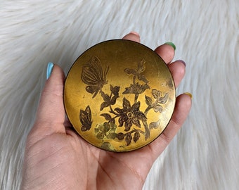 beautiful 1950's gold powder compact, floral design with butterflies, gold compact with flowers, gold tone