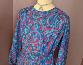 beautiful 1980's floral dress, size UK 14, blue turquoise and pink, abstract dress