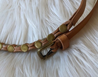 tan leather belt with gold metal pattern, size 85, gold stud belt, vintage belt, 1990's