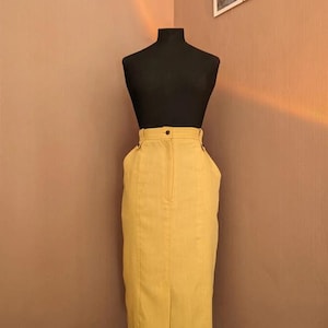 Vintage Mustard Yellow Pencil Skirt | High-Waisted Linen Blend Skirt with Button Detail