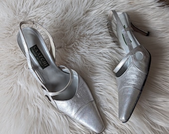 silver Saatchi slingback heels, size EU 40, full leather, made in italy, 1990&#39;s pointed toe heels
