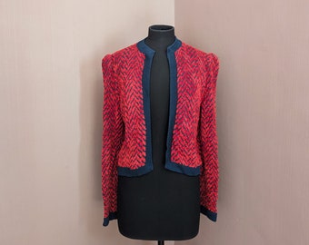 red and blue chenille cardigan, size UK 8, chevron pattern cardigan, red chenille cardigan, chevron cardigan