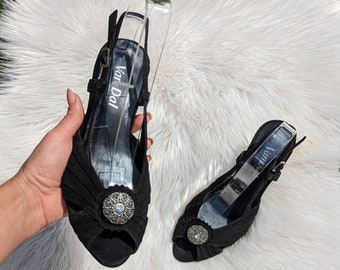 black leather peep toe heels, size UK 4, Van Dal, Art Deco style