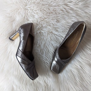 metallic grey square toe heels, size EU 37, Sabrina Chic, made in italy, all leather