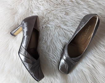 metallic grey square toe heels, size EU 37, Sabrina Chic, made in italy, all leather