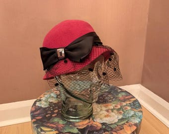 Vintage Pink Wool Hat: Black Bow & Veil, Made in England