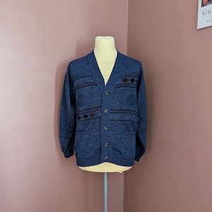 Vintage 80s Men&#39;s Navy Blue Cardigan - Menswear Collection, Made in the UK, Size Large