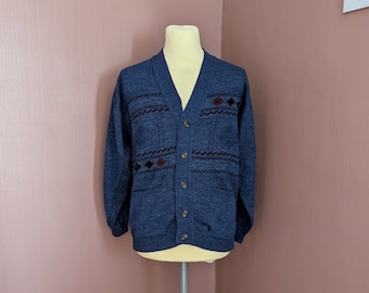 Vintage 80s Men's Navy Blue Cardigan - Menswear Collection, Made in the UK, Size Large