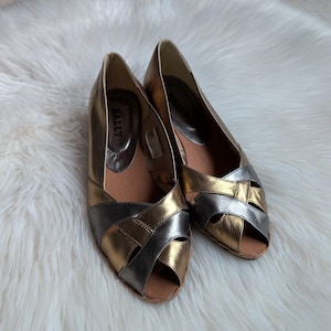 Vintage Bally Metallic Leder Peep-Toe Keil Schuhe - Gold & Silber - Made in Italy - EU 35