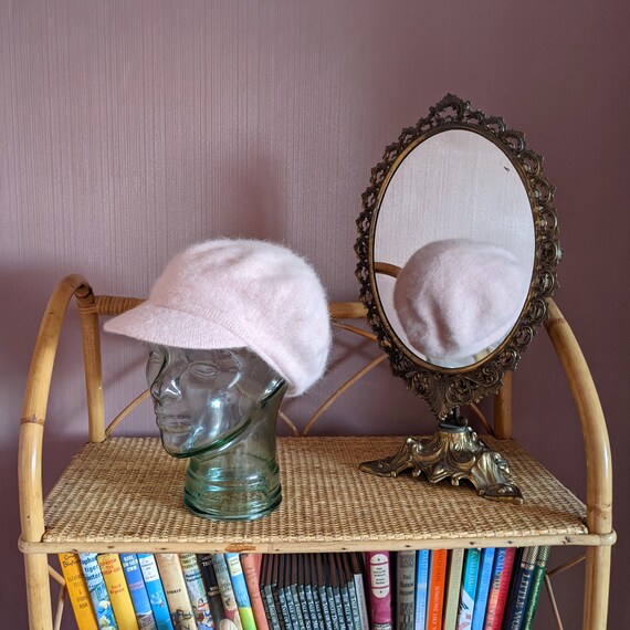 baby pink fluffy baker boy hat, angora blend peak