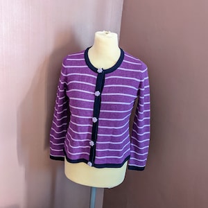 vintage ladies purple Tulchan cardigan, size L, flower detail with stripe pattern, pure lambswool