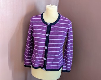 vintage ladies purple Tulchan cardigan, size L, flower detail with stripe pattern, pure lambswool