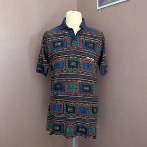 Vintage 90s Top Flite Polo Shirt – Bold Geometric Print – S/M – 100% Cotton