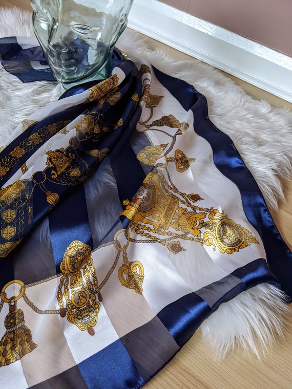 Shiny blue and white scarf, gold pattern scarf, l… - image 8
