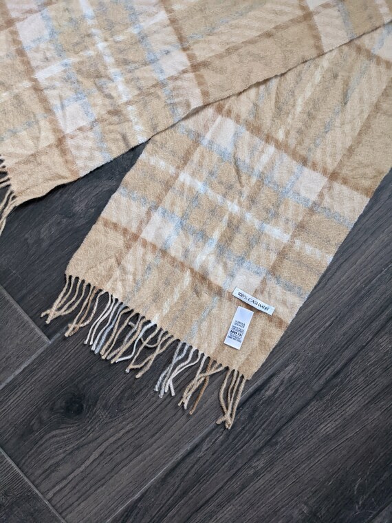 stunning plaid check pattern cashmere scarf, tan … - image 2