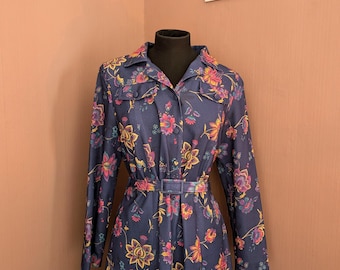 Sukienka koszulowa w kwiaty w stylu vintage z lat 70.: Poliester z paskiem, UK 14