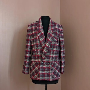 Vintage Planet Made in England Pure Wool Tweed Blazer | Red and Grey Plaid | Size 10