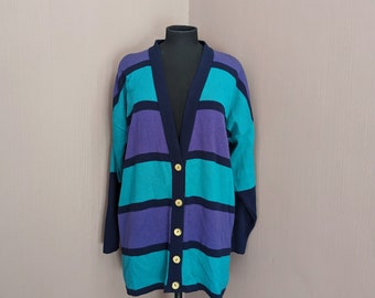 1990's navy cardigan, size L, purple and turquoise block stripe pattern