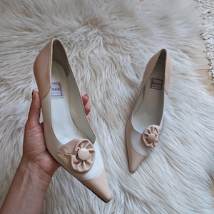 Renata Italian Leather Beige and Pink Heels | UK Size 3 | Elegant Women’s Pumps with Bow Detail