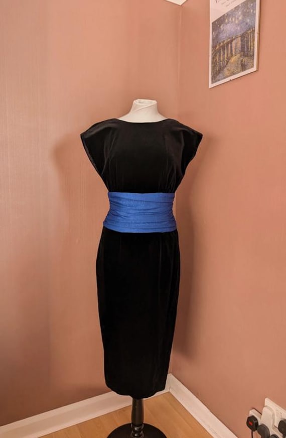 black dress blue sash Navy Blue Pleated Satin Black Lace Tea Length Party Dress with Sash - $53.9784 #S1816