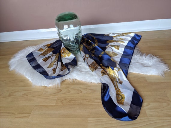 Shiny blue and white scarf, gold pattern scarf, l… - image 1