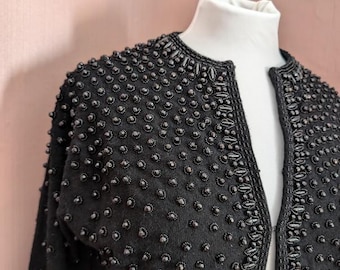 Vintage Beaded Black Evening Jacket - Elegant Embellished Cardigan, Size 40
