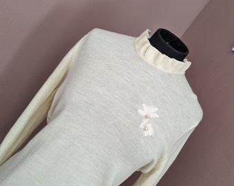 romantic cream frill jumper with pearl detail, size S, romantic frilly jumper, cream turtleneck, pearl detail jumper, floral turtleneck