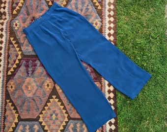 Vintage Whimsy Blue Wide Leg Trousers | High Waisted Tailored Cropped Pants | Minimalist Capsule Wardrobe | UK 12 Approx