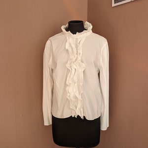 Vintage White Ruffle Front Blouse, Elegant Victorian-Inspired Style, Long Sleeve, Size S