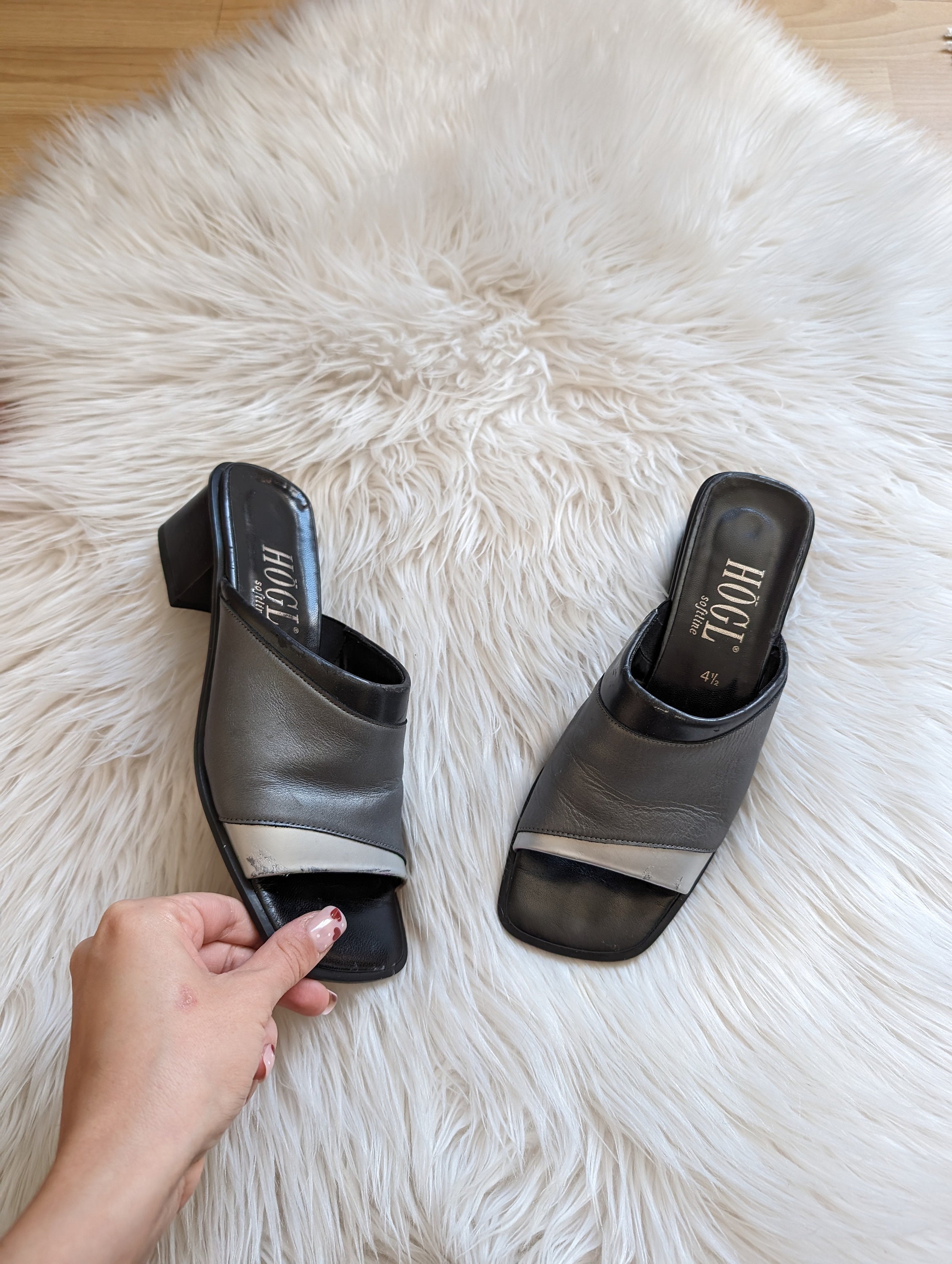 Högl Softline Black and Silver Mules | UK Size 4.5 | Vintage Block Heel Sandals