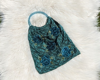 blue beaded bag with floral design, fully beaded bag, turquoise satin bag, beaded book bag, green tones, boho