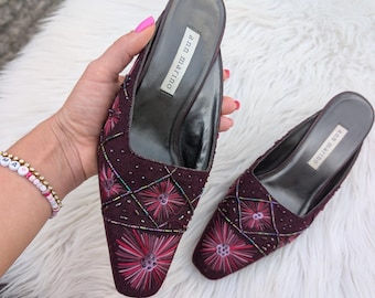 Vintage Ann Marino Embroidered Kitten Heels: Burgundy Beaded Mules, Size 38