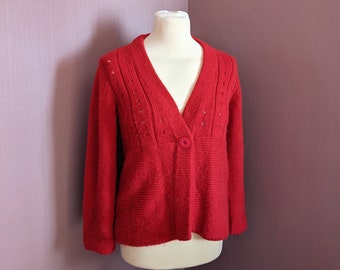 vintage ladies red cardigan, size UK 12, wool and alpaca blend, deep V neck