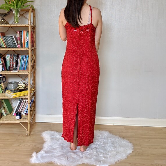 1990s red fully beaded dress, size M, vintage bea… - image 5